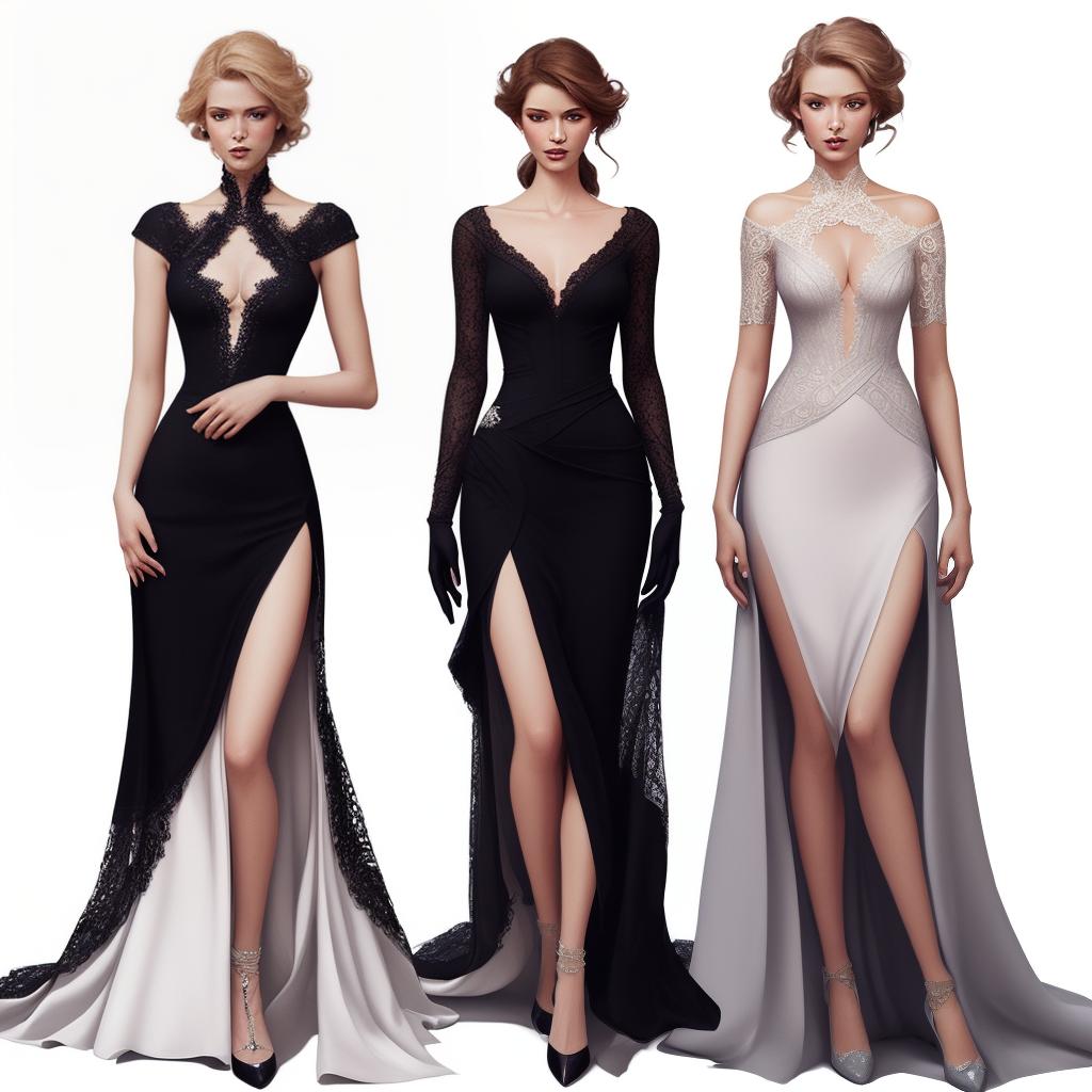  ((fashion illustration, asymmetric women's dresses with deep necklines, lace and rouche, piette and lustrini,)), award winning, professional, highly detailed, masterpiece