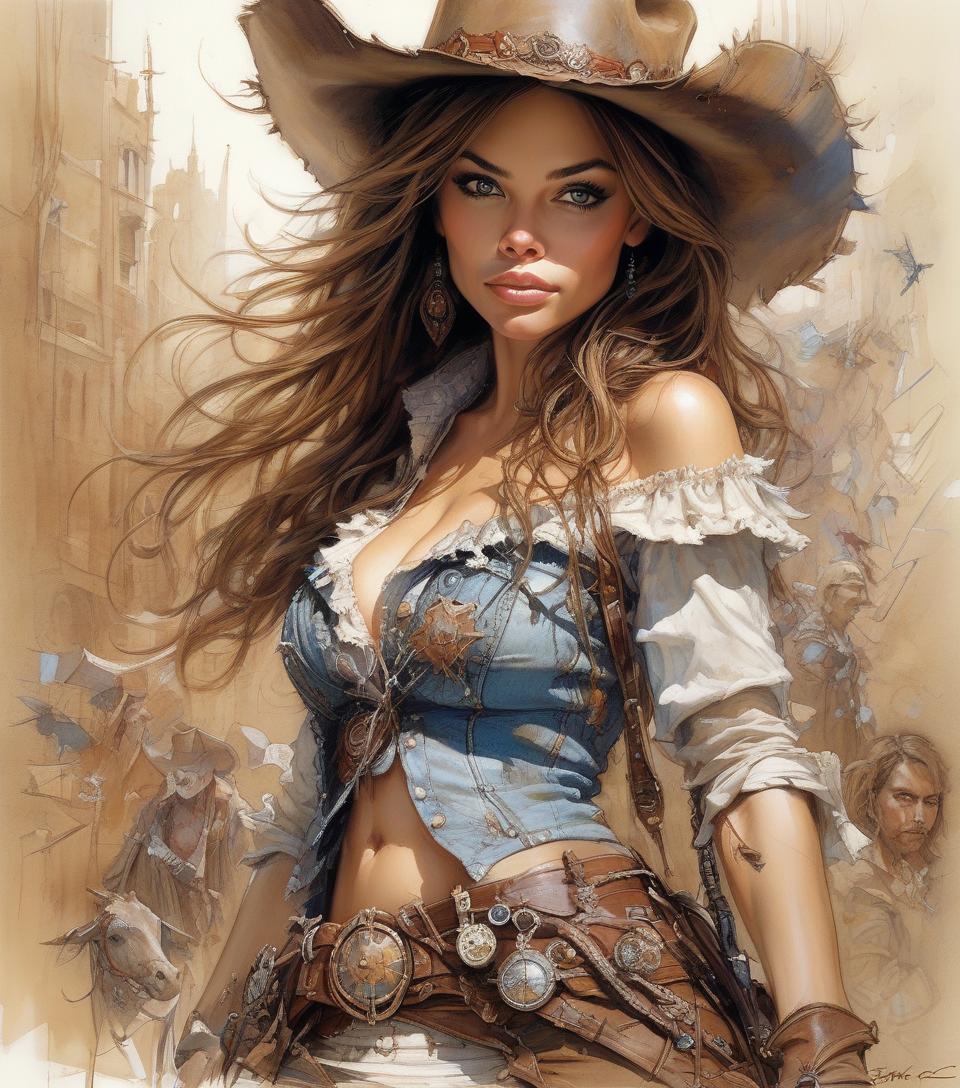  cowgirl sofia vergara, beautiful eyes, epic, fantasy, intricate details, hyper detailed, jean baptiste monge, carne griffiths, michael garmash, seb mckinnon, masterpiec