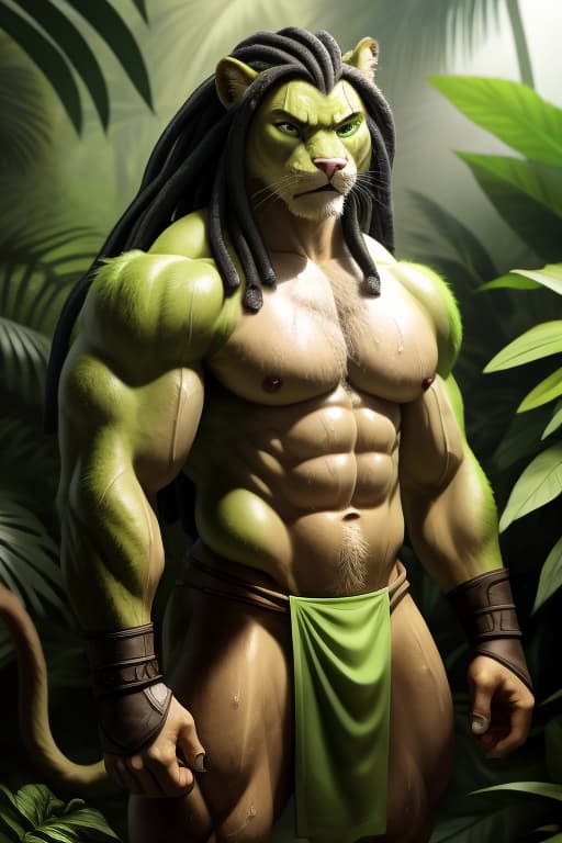  Cat Fursona, Male, Huge Muscles, Abs, Lime green fur, Lime Green long dreadlocks, Bright green eyes, Loin cloth, Wrist gauntlets, sweaty, dirty, Jungle, Angry stare., open eyes, masterpiece, 4k, fine details,