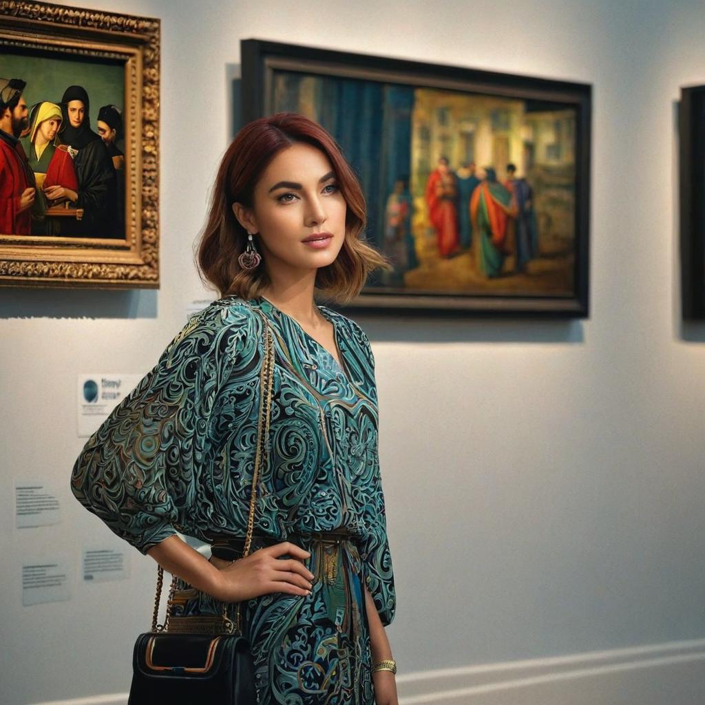  a woman looking at a painting in a museum while placing her hands behind her back, award winning, professional, highly detailed, masterpiece