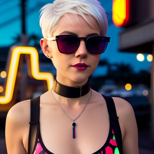  a woman with short white hair. pixie haircut. wearing sunglasses, a tank top, with a choker around his neck. a sturdy man in a hawaiian shirt and pixel glasses. the street of the city. evening. neon sunset. neon sign "cherry joe". digital photo. high detail. high realism.