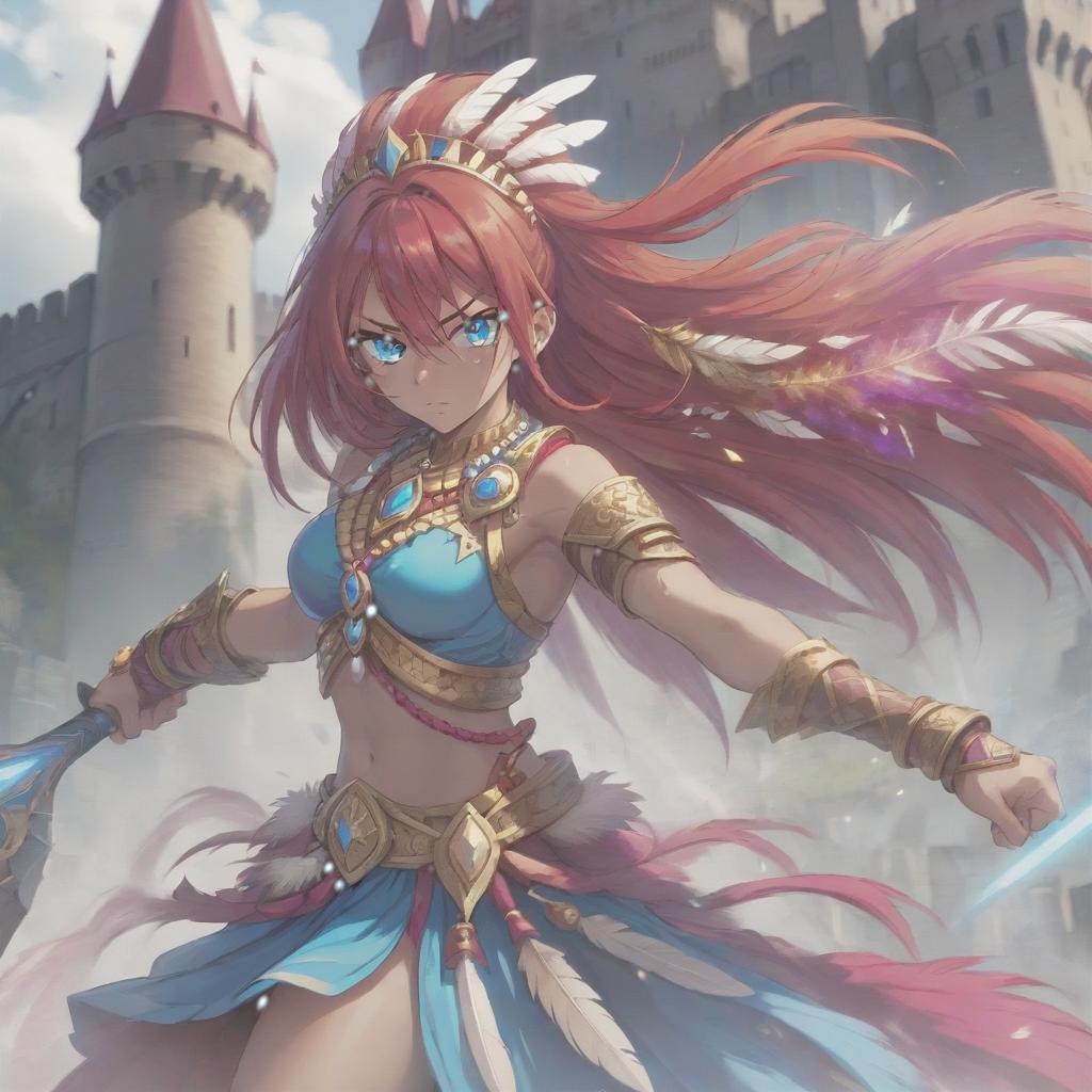  long exposure photo of portrait of strong rage amazonas warrior. blue eye. long red hair. tilting head down, magenta mantle, shoulder pad feather, accessory necklace with pearls on the forehead, against the background of the castle siege . blurred motion, streaks of light, surreal, dreamy, ghosting effect, highly detailed, sticker, hkmagic