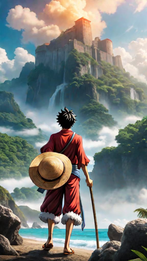  anime art: luffy's adventures shaped by shanks's teachings, emphasizing trust, compassion, and friendship. hyperrealistic, full body, detailed clothing, highly detailed, cinematic lighting, stunningly beautiful, intricate, sharp focus, f/1. 8, 85mm, (centered image composition), (professionally color graded), ((bright soft diffused light)), volumetric fog, trending on instagram, trending on tumblr, HDR 4K, 8K