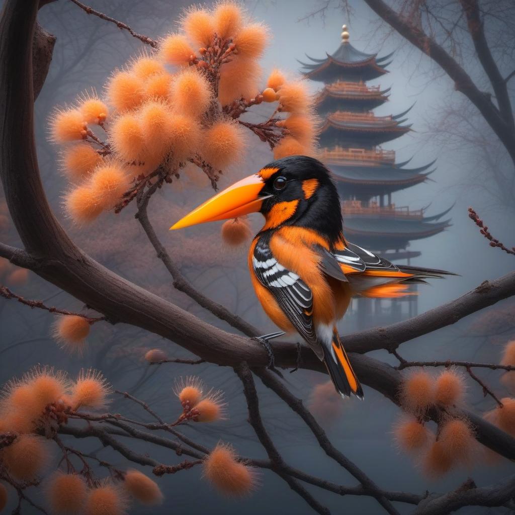  The oriole on the willow hyperrealistic, full body, detailed clothing, highly detailed, cinematic lighting, stunningly beautiful, intricate, sharp focus, f/1. 8, 85mm, (centered image composition), (professionally color graded), ((bright soft diffused light)), volumetric fog, trending on instagram, trending on tumblr, HDR 4K, 8K