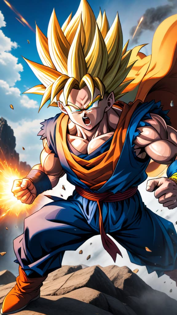  anime art: show vegito overpowering gotenks in an epic battle, highlighting his strategic mind and overwhelming strength. hyperrealistic, full body, detailed clothing, highly detailed, cinematic lighting, stunningly beautiful, intricate, sharp focus, f/1. 8, 85mm, (centered image composition), (professionally color graded), ((bright soft diffused light)), volumetric fog, trending on instagram, trending on tumblr, HDR 4K, 8K