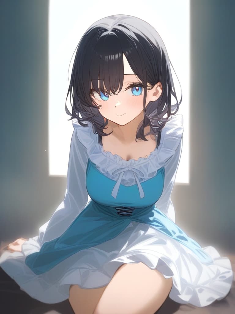  cute face focus,cute,black hair,light blue eyes,cute posing,frill onepiece