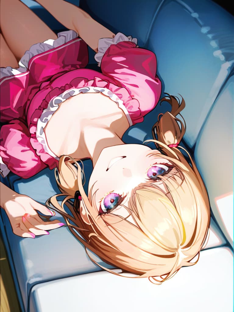  ultra detailed:1.2,masterpiece:1.2,best quality,masterpiece,bestquality,hdr:1.1,8k:1.1,very cute girl:1.3,(pink color,frill dress:1.6),(lying on side:1.4),smile:1.4 ,(blonde hair,twin tail,drill hair:1.3) ,(on the couch:1.7),upper body:1.3,dutch angel:1.5,close mouth,(upside down:1.7)(from above:1.1)((eyes highlight:1.1))