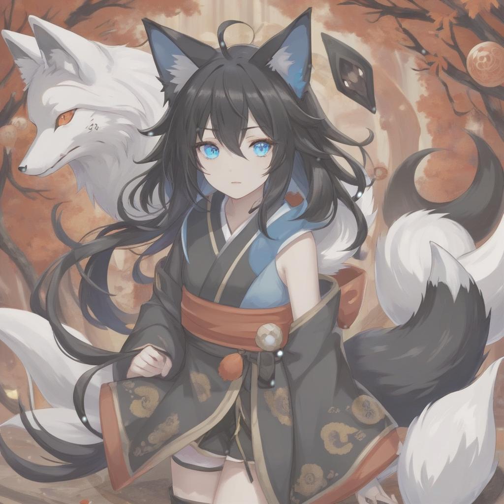  girl, blue eyes, black hair, black fox ears, face in camera, kitsune