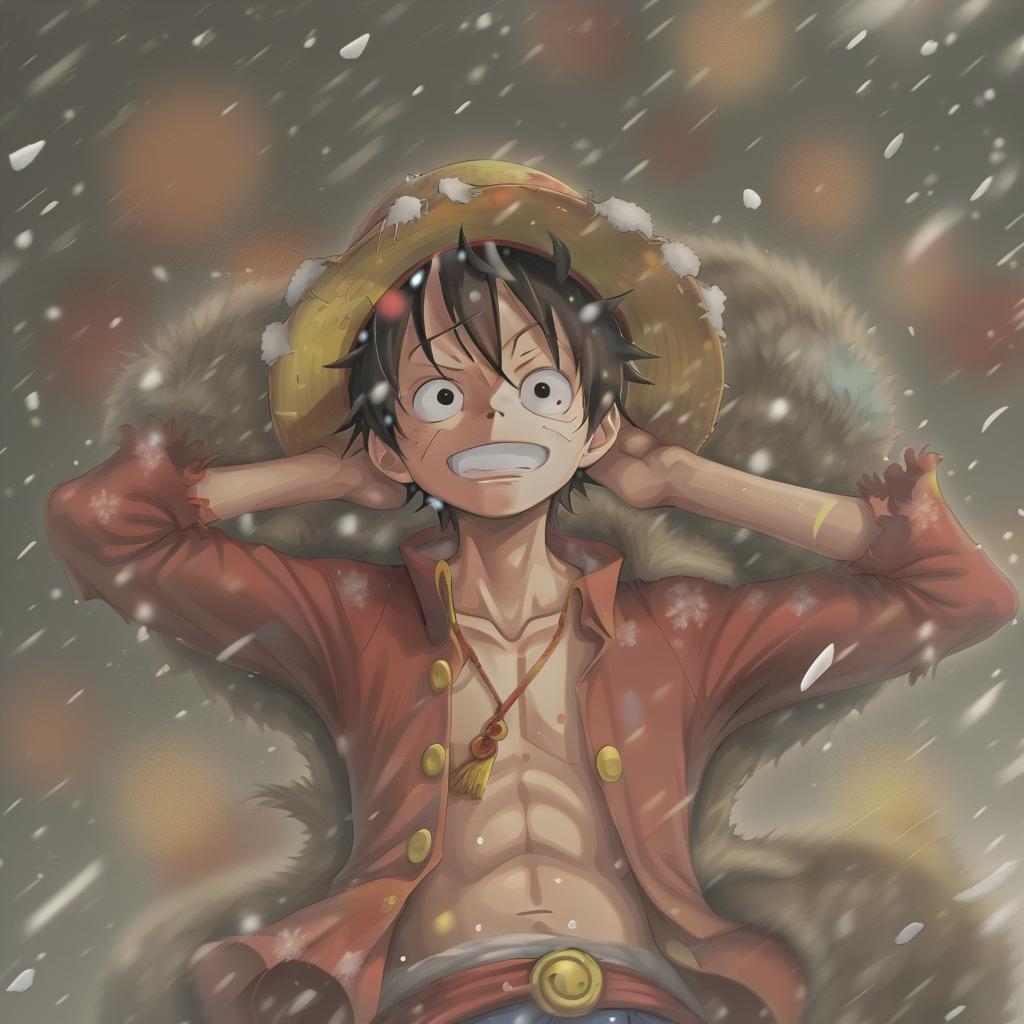  anime artwork luffy in snowfall in winter hat . anime style, key visual, vibrant, studio anime, highly detailed