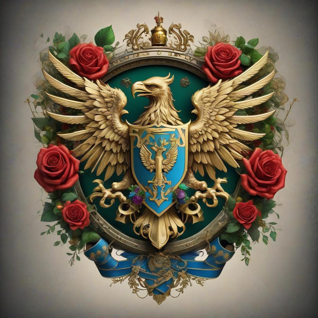  futurism, cyberpunk, steampunk.. coat of arms with a double headed eagle. four colors: gold, green, blue, red. flowers: roses, bells. the coat of arms in the castle. lots of zigzags, laces. neon lights on the back.