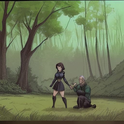  draw a scene from the fantasy world comic book, forest clearing, general stage. training ground. a field near the house. 1f. polyana, the heroine of a with dark short hair on her training, next to the mentor an elderly man, watching.