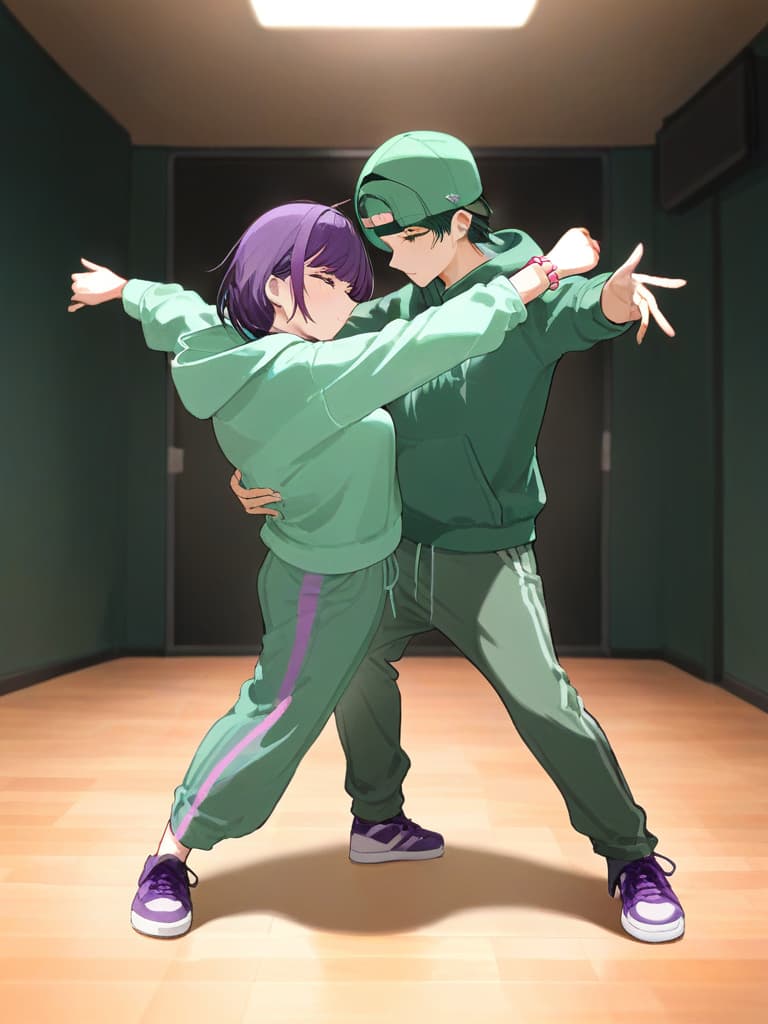  (pastel dark green mint green color palette:1.3),(pastel dark green hoodie with purple line print:1.4),(mint green cargo pants:1.2),purple dark green sneakers,(dark green purple line cap:1.1),(white and pink fl bracelet:1.1),(rehearsal studio),(breaking dancing:1.5)