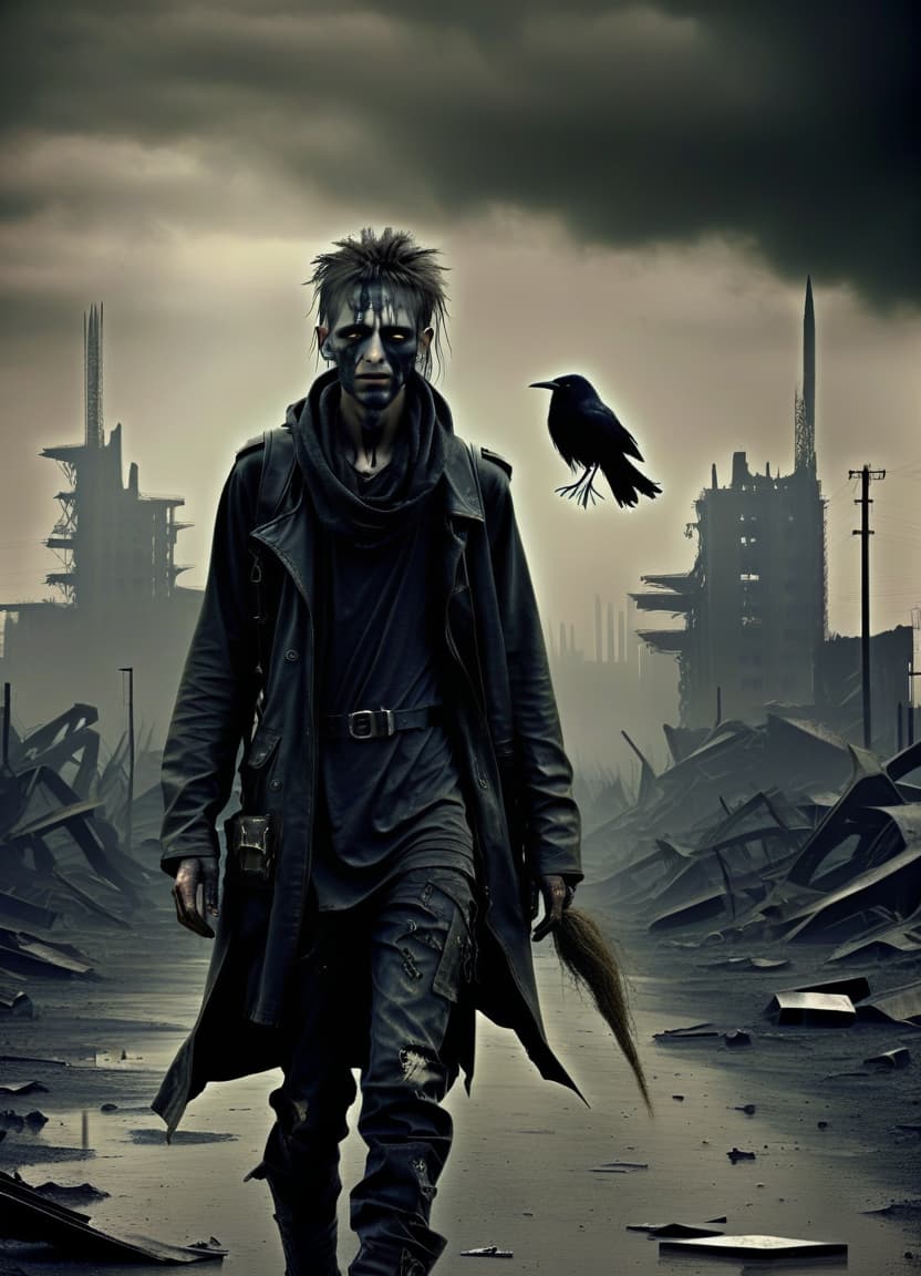  dystopian style make him a witch . bleak, post apocalyptic, somber, dramatic, highly detailed