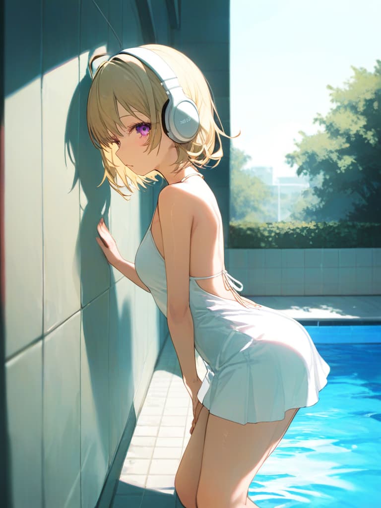  back, blonde twin tail, white headphones, whole body, legs, hugging on the wall, pose that protrudes the ocks, tile walls, small , s, slim dress swimwear, small s, back show, pool, white , , masterpiece, best quality,8k,ultra detailed,high resolution,an extremely delicate and beautiful,hyper detail