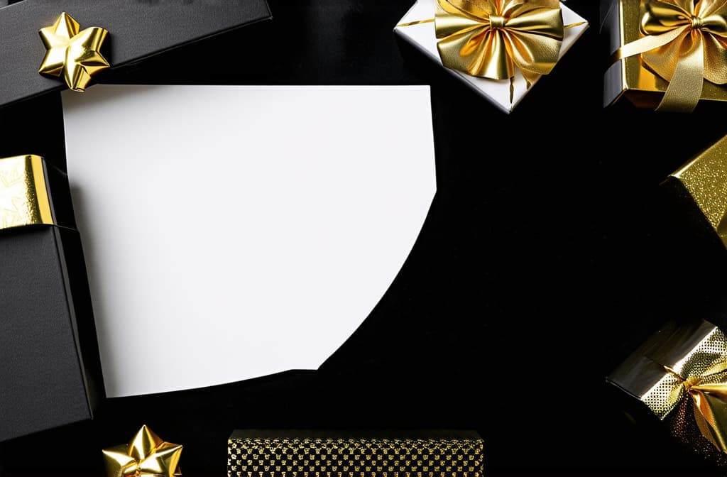  black friday gifts in black boxes with gold ribbons on a black background, flatlay with copyspace for text ar 3:2 {prompt}, maximum details