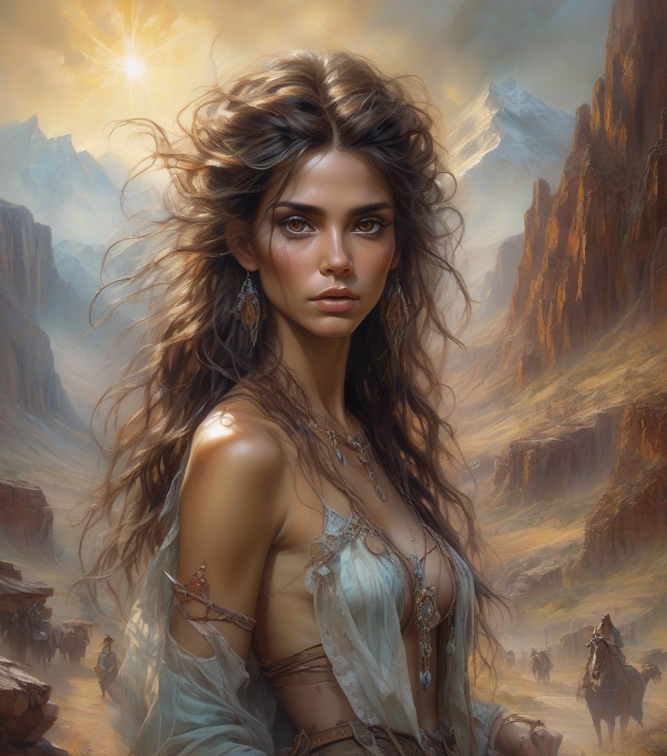  hyper realistic digital painting of a beautiful girl, dark brown eyes, long messy hair, wild west mountains, in a surreal and fantasy setting, combining the artistic styles of jose royo, boris vallejo, julie bell, carne griffiths and brian froud, precise anatomy, with centered symmetrical composition, volumetric lighting, rays, bright color reflections