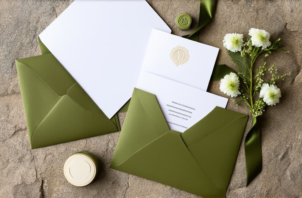  top view photo of wedding stationery set on stone background. flat lay olive color envelopes, blank paper cards, wax stamp, green ribbon, flowers. ar 3:2 {prompt}, maximum details