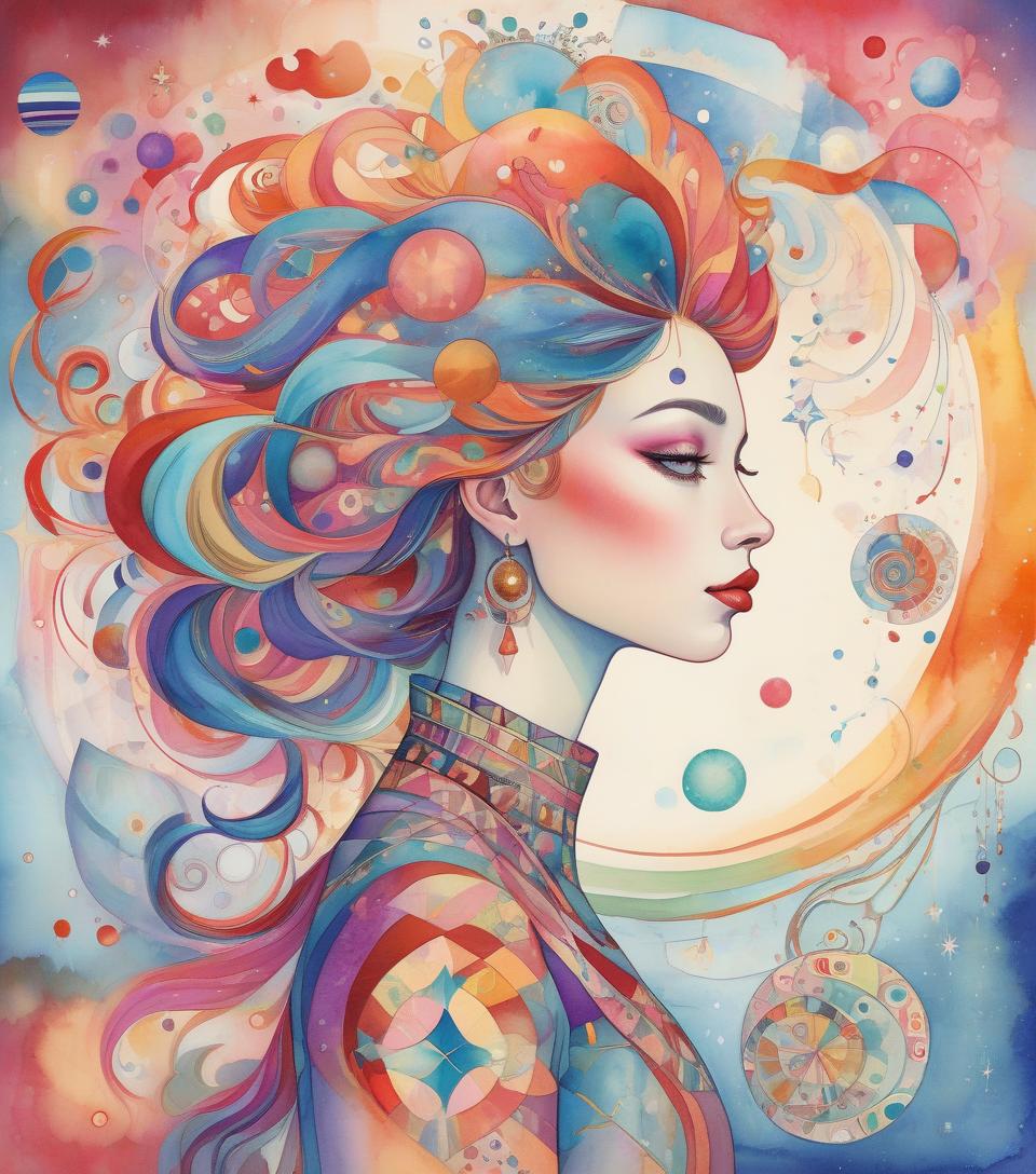  a vibrant digital artwork portraying a woman with elaborate, colorful hair adorned with swirling patterns and celestial orbs set against a dreamy backdrop. gorgeous watercolor patchwork, fantasy, fantastic, no corners, kandinsky dot line drawing, highly detailed, exquisitely intricate, beautiful, clear, high quality, colorful.