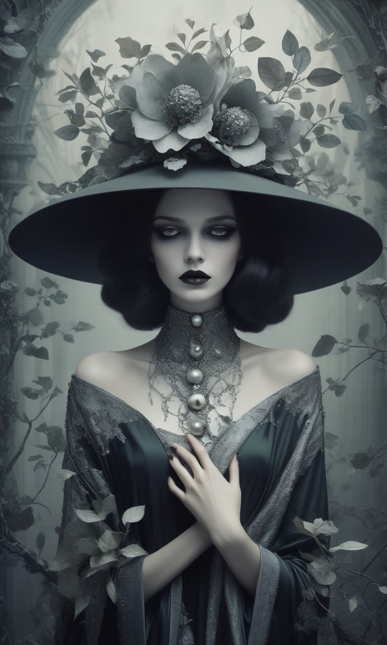  gothic style op art+art deco:a surreal monochrome figure with a pale porcelain colored face and delicate, graceful facial features, an aesthetic form, dressed in a dark wide brimmed hat decorated with silver flowers and brown green foliage. the figure has grayish closed eyes, pearls on her neck, she holds a twisted branch with silver leaves in one hand. the background is slightly blurred and contrasts with the rough, organic texture of the white brick on top. gradient, fractal of gray dots and circles, 16k sharpen, cgi . dark, mysterious, haunting, dramatic, ornate, detailed, civitai, glowneon