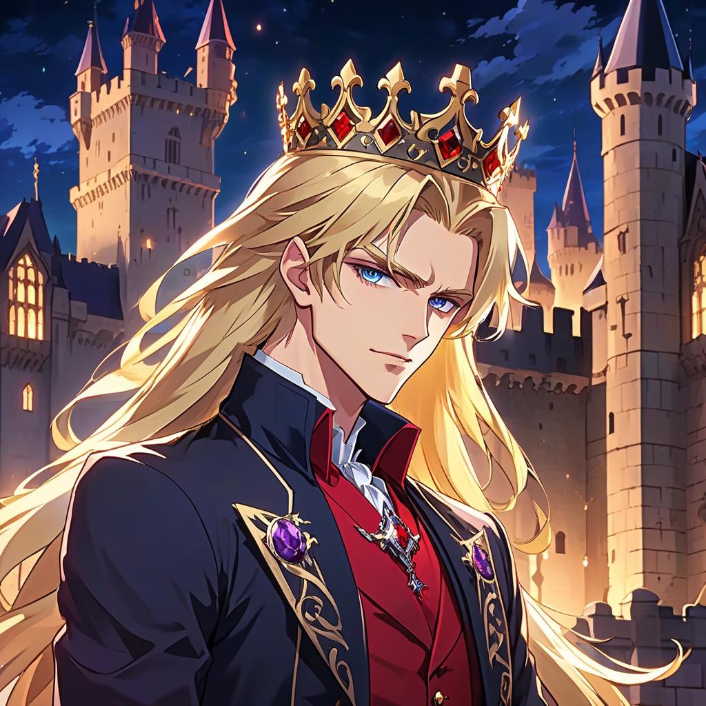  anime artwork young vampire aristocrat in rich clothes with long blonde hair, at night in a huge castle with a small crown on his head, aesthetics of beauty, grace . anime style, key visual, vibrant, studio anime, highly detailed