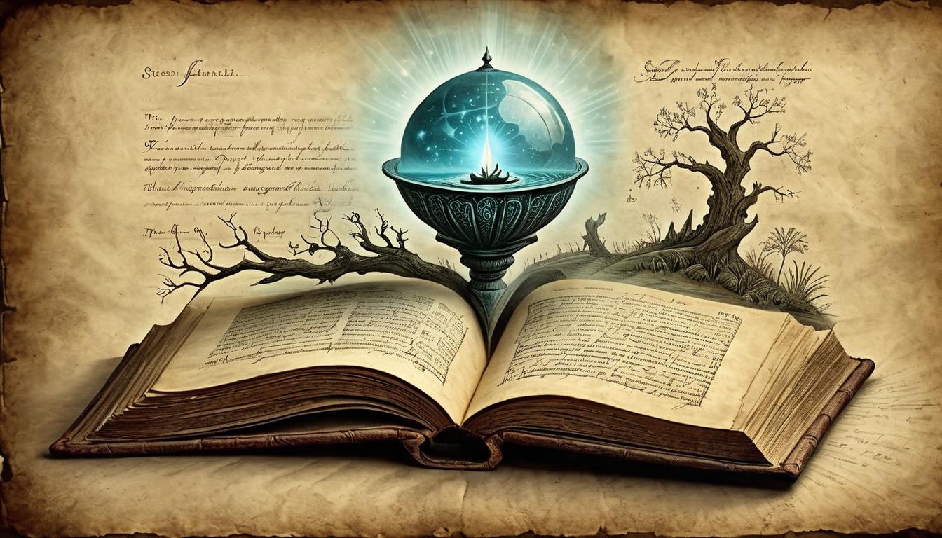  on parchment, surrealism+++, ancient book glowing, pages turning with magical light, hidden wisdom, otherworldly knowledge, secrecy, allure(mysterious, provocative, symbolic,muted color)+++