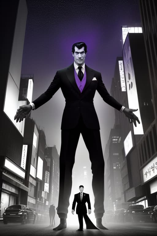  a man in a black suit stands in the middle of the city around tall buildings in japan, on the street at night, the stars shine and next to a man dark creatures with purple glows, knights, beetles and trolls as in raising the level alone, dynamic, action packed, thrilling, by neil leifer, walter iooss jr., bob martin, eadweard muybridge, robert capa