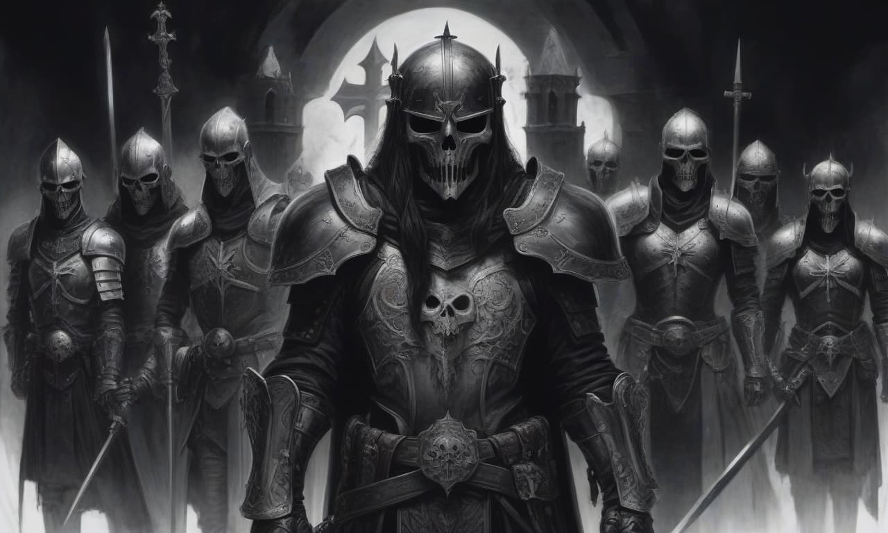  horror themed draw in black white style. the legion of the sons of night, an elite unit of knights, in a black dark universe of horrors, in iron armor with black cloaks, on their shoulder pads on the left is an engraving of an iron lion, and on the right is a white iron cross, on the front of the helmet is an iron skull. several of these knights stand in a circle, in a black temple. . eerie, unsettling, dark, spooky, suspenseful, grim, highly detailed