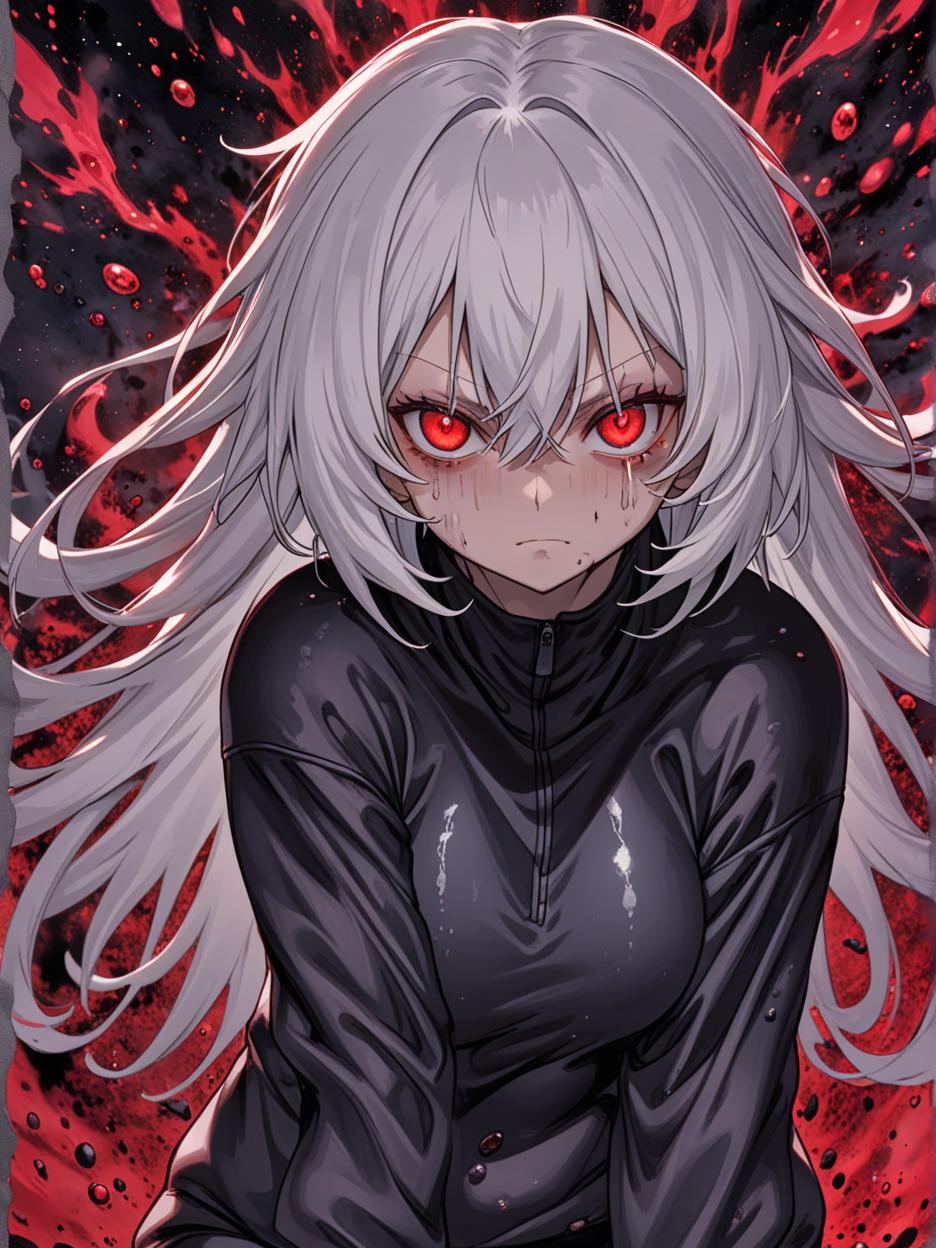  manga artwork satoru gojo, jujutsu kaisen, female version, beautiful woman with long white hair, galaxy red eyes. revealing her deep red eyes, super detailed eyes. black compressed clothes, baggy sweatpants. strong body. background of a black desert full of slime, hyper realistic atmospheres, details, 8k. manga artist. manga, highly emotional. best quality, high resolution