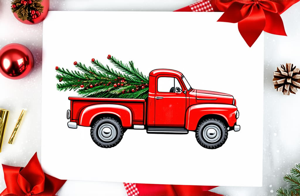  watercolor red christmas truck clipart, hand drawn vintage red truck with christmas tree holiday clipart, kawaii christmas, baby christmas gift decor, greeting card ar 3:2 {prompt}, maximum details