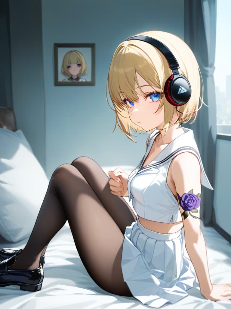  s wearing black tights, headphones, black loafers, whole body, blue eyes , blonde bob cut , white pleated , white sailor suit, with purple rose tattoo on the left , tobacco a smoked , a spider web on the left arm, masterpiece, best quality,8k,ultra detailed,high resolution,an extremely delicate and beautiful,hyper detail