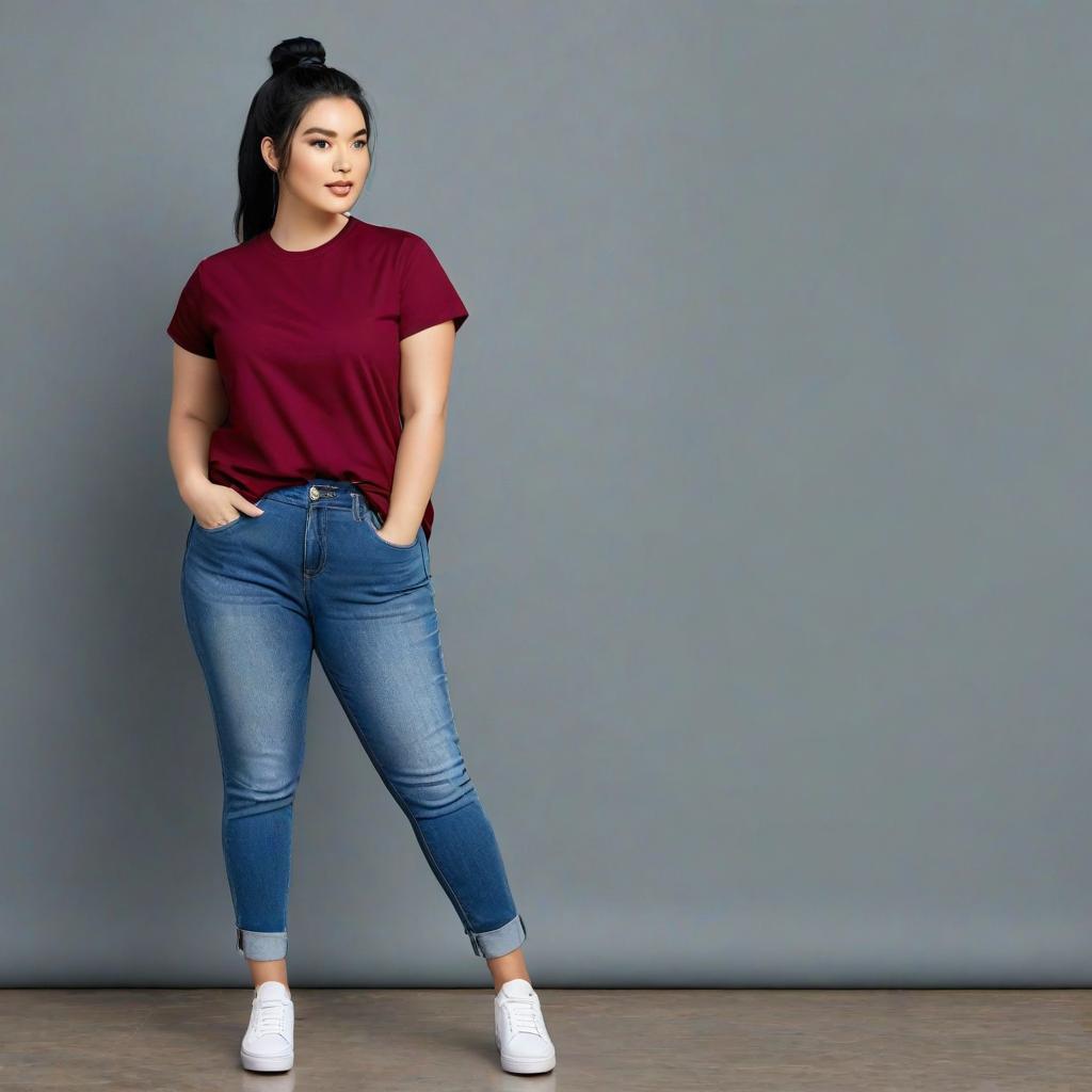  tall young pale white overweight female with black hair as a ponytail wearing a dark red t shirt with denim jeans and white shoes