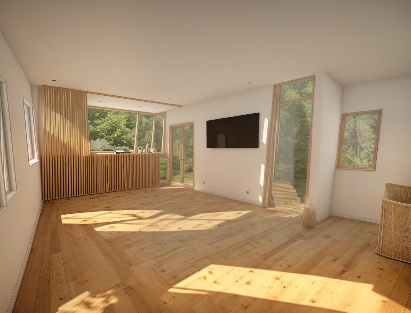  create a photorealistic rendering of a living room with a wooden floor, featuring a modern sofa placed near a large window. the room should feel cozy and inviting, with natural light streaming in from the window onto the warm wooden flooring.