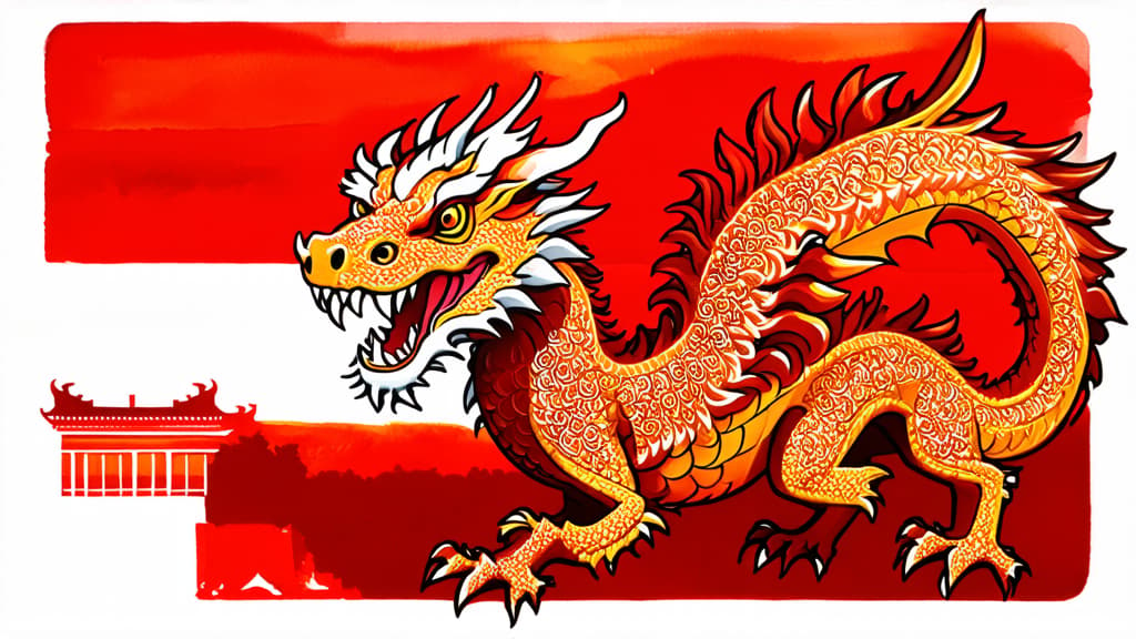  watercolor illustration vintage style postcard with chinese dragon, traditional chinese palace. red, white, orange colors, copy space ar 16:9 {prompt}, maximum details