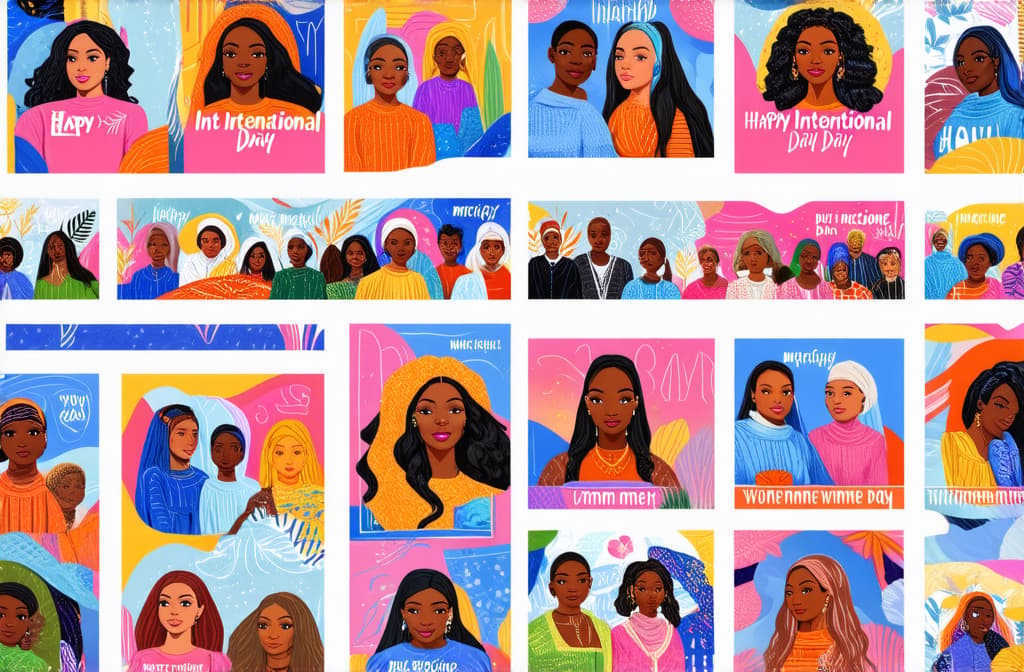  happy international women's day. march 8th. different races and nationalities. colored hand drawn vector illustrations. set of cards and seamless pattern ar 3:2 {prompt}, maximum details