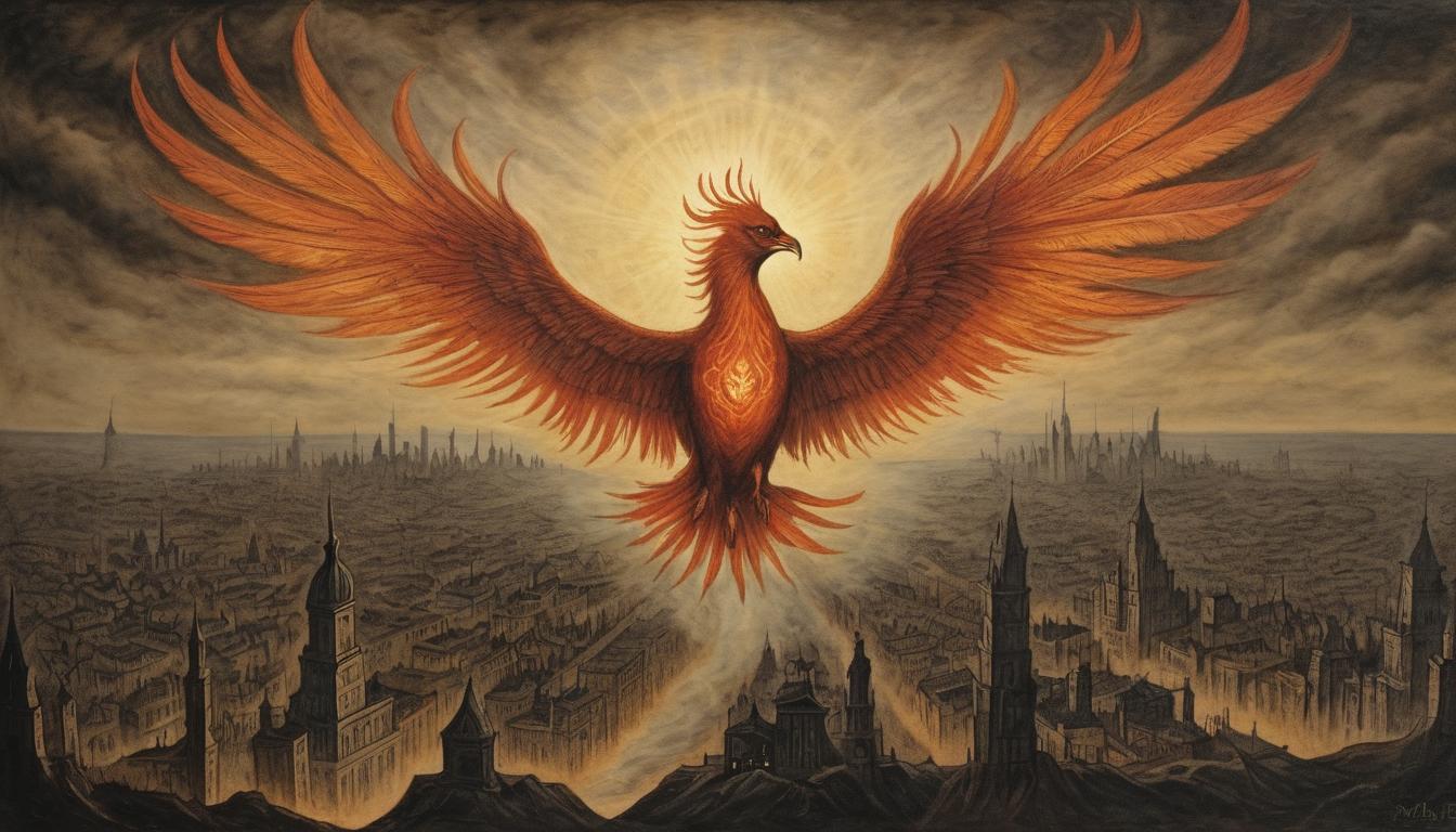  on parchment, surrealism++, a glowing phoenix rising above a dark, shadowy city, inevitability, resurgence(mysterious, provocative, symbolic)++