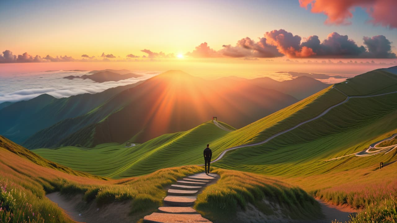  a serene landscape featuring a person standing atop a mountain, gazing at a sunrise, surrounded by five distinct pathways leading in different directions, symbolizing clarity, motivation, focus, achievement, and growth. hyperrealistic, full body, detailed clothing, highly detailed, cinematic lighting, stunningly beautiful, intricate, sharp focus, f/1. 8, 85mm, (centered image composition), (professionally color graded), ((bright soft diffused light)), volumetric fog, trending on instagram, trending on tumblr, HDR 4K, 8K