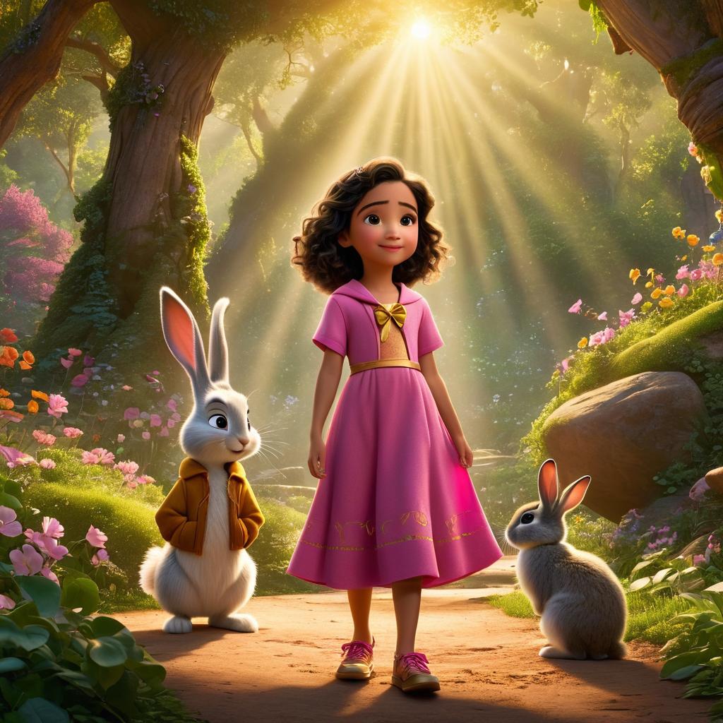  in 3d animated movie style. disney pixar style. shanaya, 5, in colorful dress and rosie rabbit, 8, in pink bow. mr. bixby, 150, in tattered wizard robe. lush forest with golden sunlight. magical ambiance, earthy scents. pixar 3d animation. vibrant greens, warm tones. golden shafts of light. bird's eye view, character interactions emphasized.