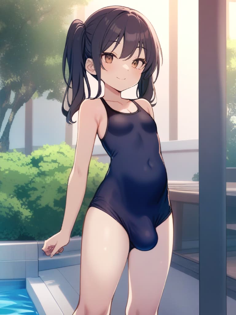  women's elementary students (male), twin tails, cute smiles, (rich s), low stature, dark blue swimwear, old swimwear, , simple (upward), male , (bulge), shaped clear , front , whole body, pool side,