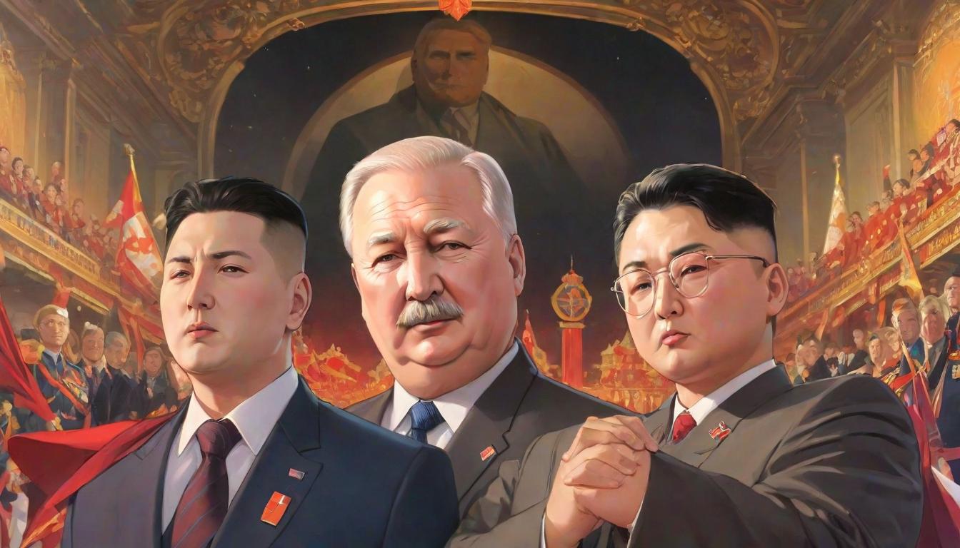  anime artwork two presidents greetings, alexander lukashenko, kim jong un . anime style, key visual, vibrant, studio anime, highly detailed