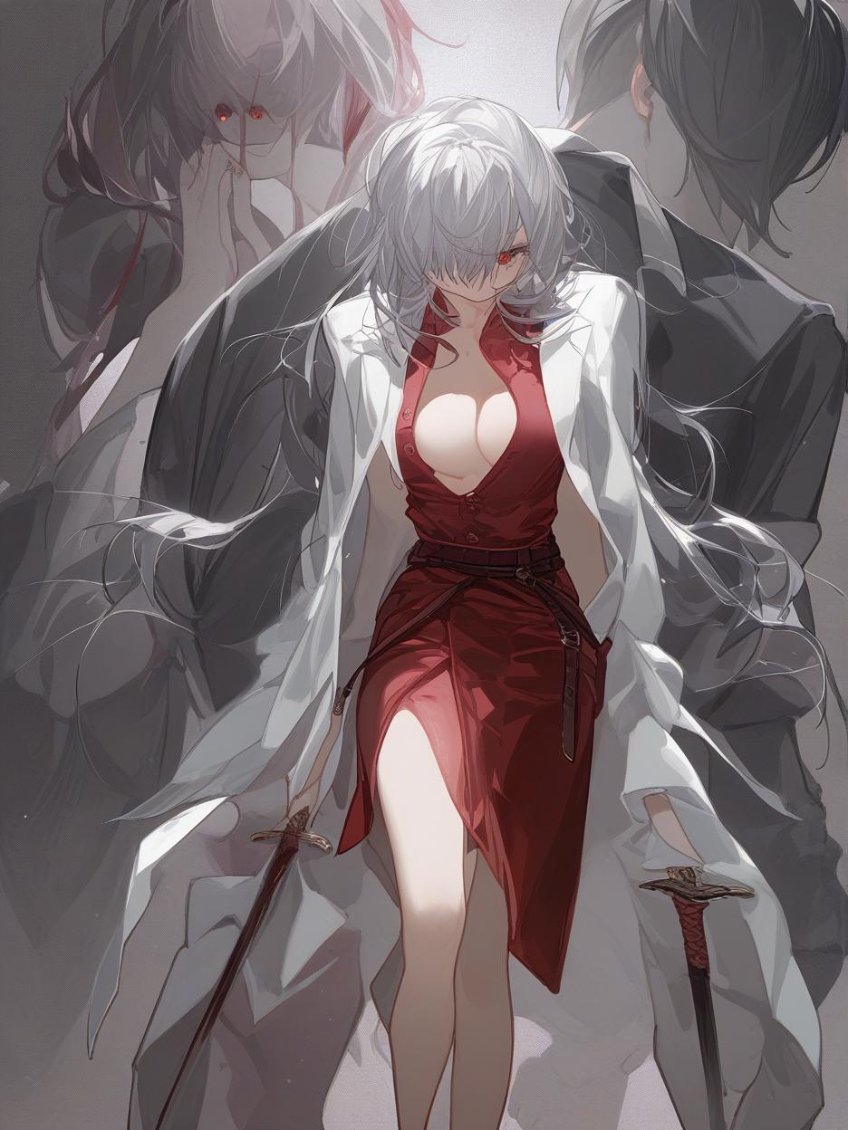  create for me a character with anime manga art. a woman with long, frayed silver hair, which even covers her face. she has deep, lifeless red eyes resembling wine. she wears dark dress pants. a red dress shirt with buttons on its front seam, two thin belts under its bust. a light gray lab coat on the shoulders. she walks around with two katanas around her waist. . best quality, high resolution