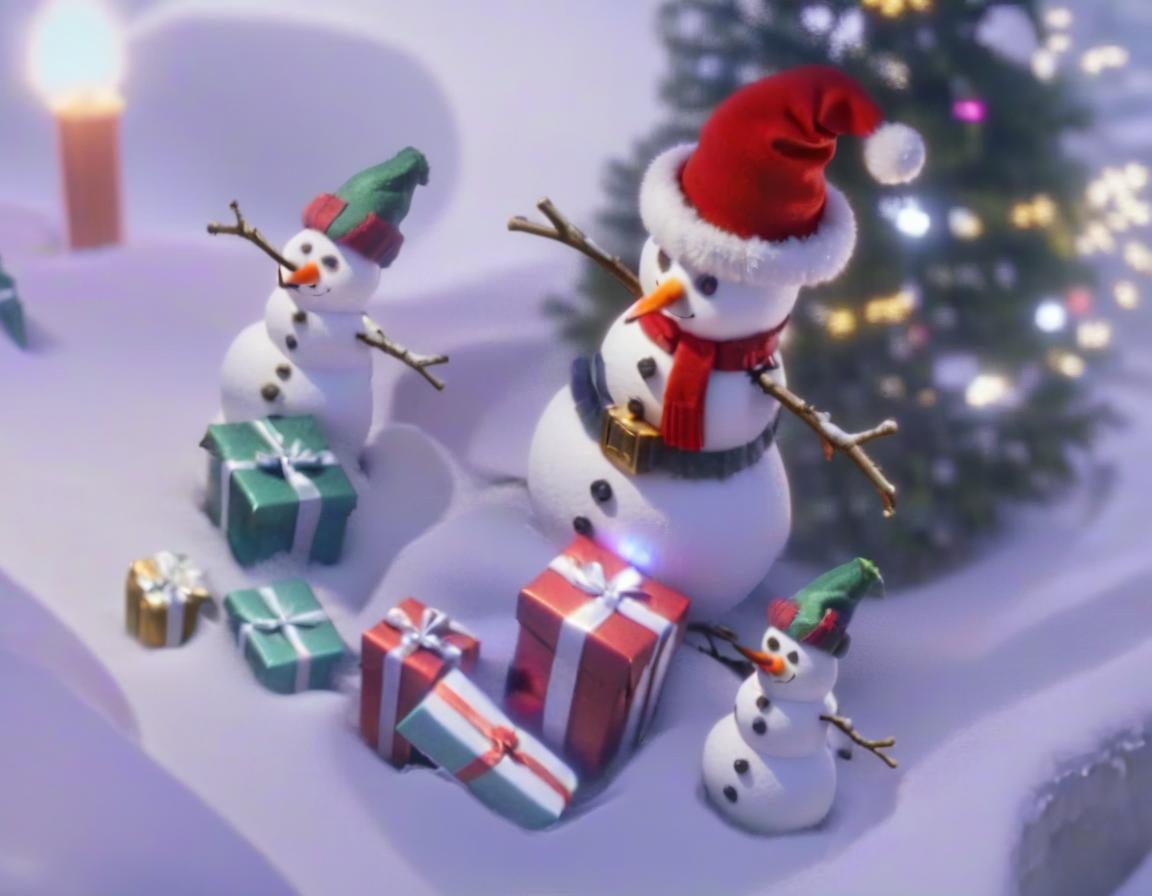  professional 3d model a snowman that is standing next to three gifts . octane render, highly detailed, volumetric, dramatic lighting, civitai hyperrealistic, full body, detailed clothing, highly detailed, cinematic lighting, stunningly beautiful, intricate, sharp focus, f/1. 8, 85mm, (centered image composition), (professionally color graded), ((bright soft diffused light)), volumetric fog, trending on instagram, trending on tumblr, HDR 4K, 8K