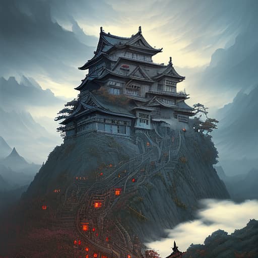  landscape, in the distance, a japanese castle to which 6 narrow stairs lead from different sides, which stands on a clockwork mechanism, a large gear, everywhere clouds, steam, cloudy weather, steampunk, blue sky, dark , creepy , blood , monsters , by jason engle , carlos huante , charlie bowater , simon lee , brom