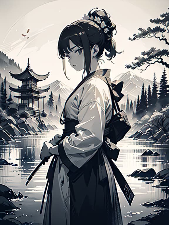  master piece, best quality, ultra detailed, highres, 4k.8k, samurai woman, practicing her swordsmanship in the garden, drawing her sword swiftly., focused, break samurai woman in traditional clothing and wielding a sword., japanese garden, sword, garden lanterns, cherry blossom tree, wooden training dummy, break serene and peaceful, with a hint of determination in the air, monochrome with subtle shading, highlighting the elegance of the traditional attire and the intensity of the training, white background, scenery, ink, mountains, water, trees