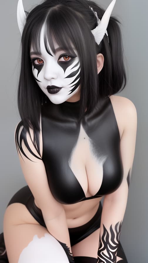  Black flame pattern body paint in every corner of the whole body, White body paint full body, Grey face paint on the face, two succubus sisters, full body image Girl