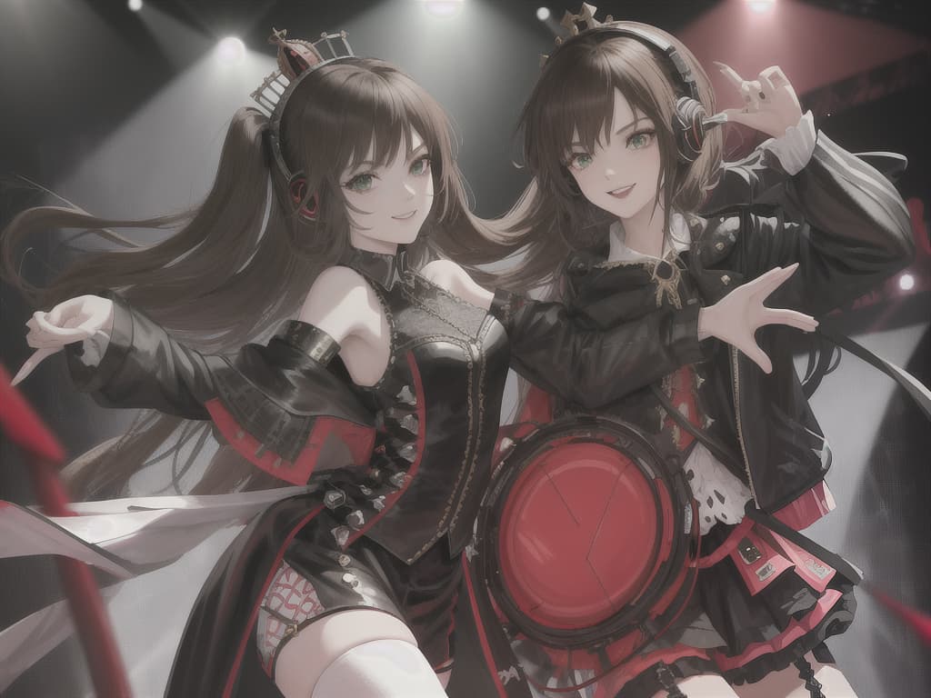 absurdres,highres,BREAKidol girl with headphones on stage,royal crown on side of head,black and red Gothic rock outfits,Crown pattern on headphones,rocker girl ,guitar,tada riina,brown hair,green eyes,short hair,bangs,smile, masterpiece, best quality,8k,ultra detailed,high resolution,an extremely delicate and beautiful,hyper detail