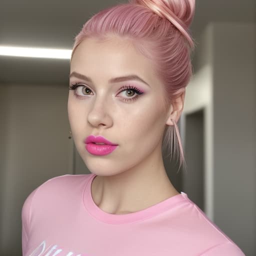  (--Style Photoralism, 16k) a close up of a woman with a pink shirt and a pink hair, pink shirt, pink lipstick, light pink lipstick, 🤬 🤮 💕 🎀, hair bun, ager , hyperrealistic , wearing a t-shirt, , beautiful makeup, hair tied in a bun, hair in a bun, updo, pink lips