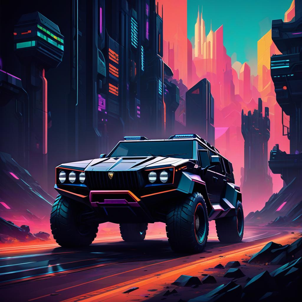  retro game art retro futuristic, black, brutal suv, reminiscent of the lamborghini lm 002 . 16 bit, vibrant colors, pixelated, nostalgic, charming, fun