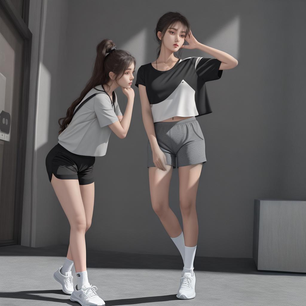  masterpiece, best quality, Best quality, masterpiece, 8k resolution, realistic, highly detailed, woman wearing grey top, black shorts, white ankle socks, full-body, standing