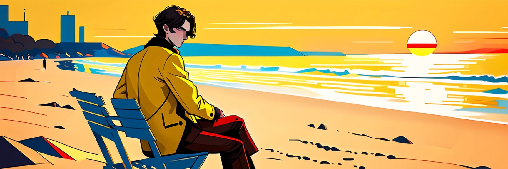  constructivist style a young man sits on a chair on the beach. he has long dark brown hair that gently falls on his shoulders, and his face, with jewish and slavic features, exudes calmness with brown eyes. he is dressed in a bright yellow coat that immediately attracts attention and contrasts with the surrounding landscape. under the coat is a black shirt, and black pants are additionally decorated with yellow elements, creating a harmonious and stylish image. the sun sets over the horizon, shrouding everything around in red shades, and bright red stripes lie on the surroundings contrasting with the darkness and creating a magical atmosphere. . geometric shapes, bold colors, dynamic composition, propaganda art style