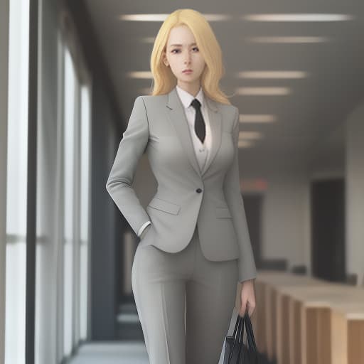  woman with blonde hair in full height in business suit manager